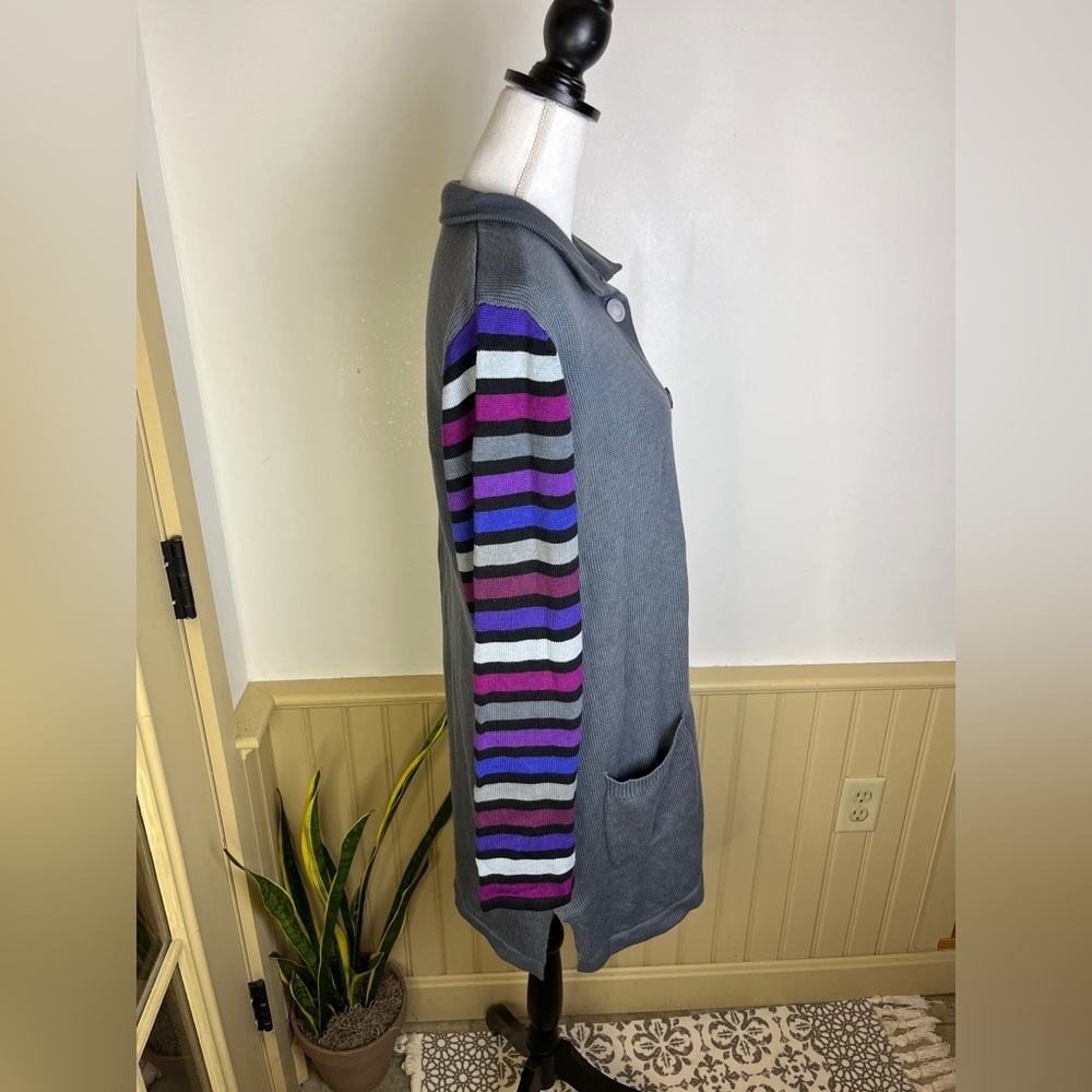 Bob Mackie Wearable Art Longline Cardigan Sweater Dress L Gray Artsy Colorful - Picture 3 of 10